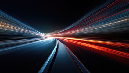 Abstract, vibrant streaks of light converging in a tunnel.  Fast motion blur creates dynamic effect