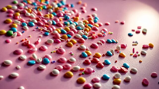 Vibrant colorful candy sprinkles scattered across pink surface creating playful sweet dessert texture in bright light
