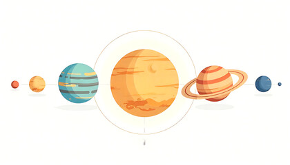 Stylized Illustration of Solar System Planets with Sun and Rings in Minimalist Artistic Style