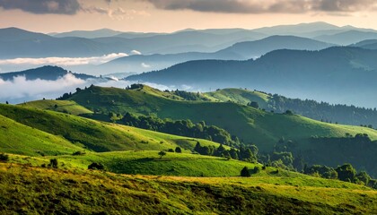 Obraz premium Green rolling hills under misty mountains