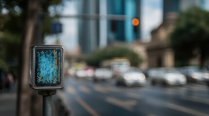 Medium shot capturing a digital street sign IoT module sharply in focus with blurred traffic and buildings illustrating device firmware updates in a smart city network.