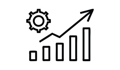 Hand drawn icon of a rising bar graph with an upward trend arrow and a gear