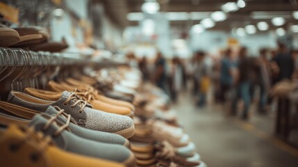 Medium frame of trendy footwear on racks at a popup discount event emphasizing the shoes texture with indistinct crowds and signage set in soft focus behind.