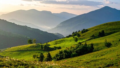 Obraz premium Green rolling hills under misty mountains