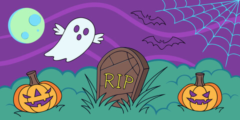 Cinematic Neon Grave with Ghost and Pumpkins