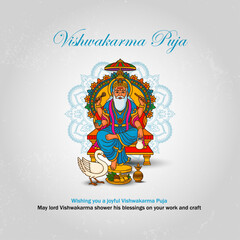 Vishwakarma Puja Greeting with Lord Vishwakarma Illustration on Decorative Background