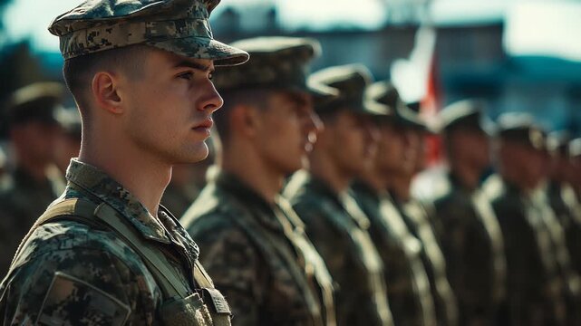 United States Marines Standing in Formation: Portrait of a Young Marine in Camouflage Uniform, Military Parade, Honor Guard.