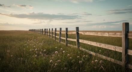 Obraz premium Wooden fence line cuts across a wild grassy field at dusk.