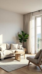 Serene minimalist living room with neutral palette, natural light, and simple furniture Focus on clean lines and uncluttered space for a peaceful atmosphere , design, neutral, home