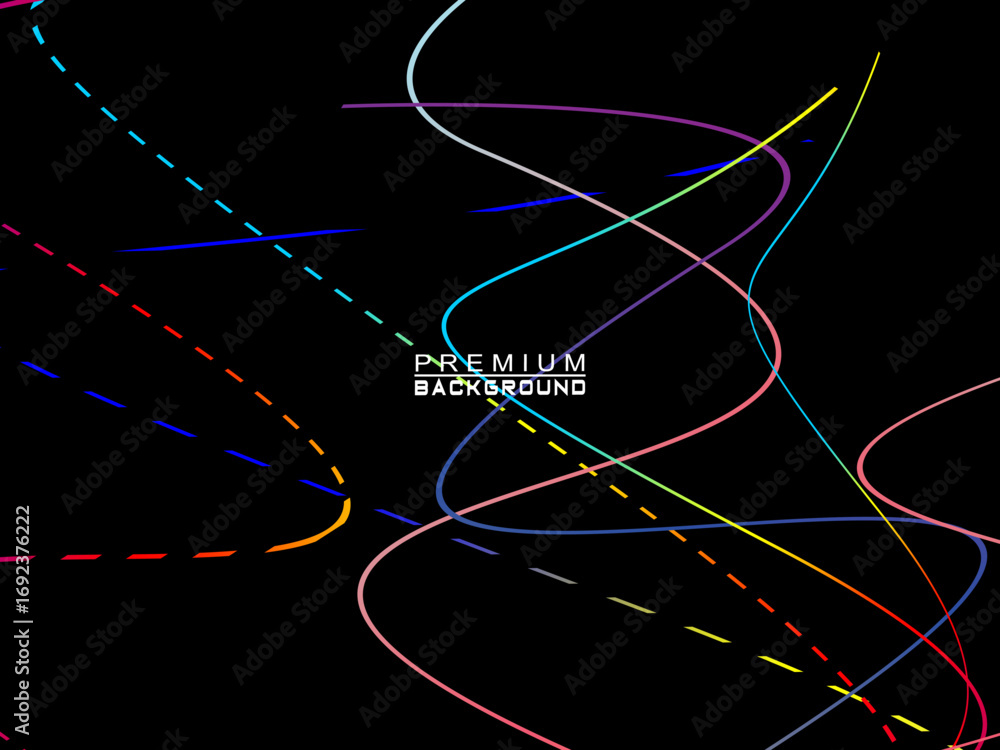 Poster background of colorful abstract waves flowing horizontally on a black background, suitable for moder