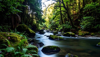 Lush forest stream flowing through rocks
