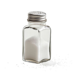 Clear glass salt shaker filled with salt, placed on a white background, highlighting culinary essentials for cooking and seasoning