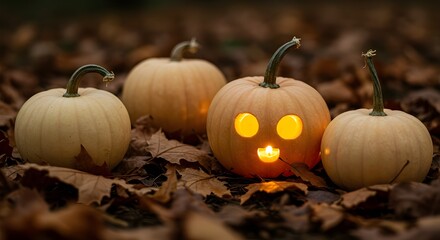 Halloween Pumpkin con hojas de otoño Halloween tiene una imagen de fondo de calabazas blancas