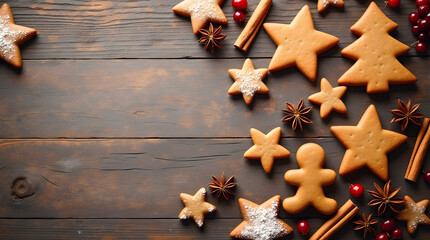 Festive gingerbread cookies and spices arranged on a rustic wooden surface. Holiday baking flat lay.