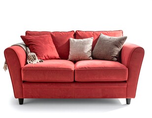 Fototapeta premium Red sofa with throw pillows and blanket