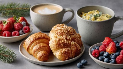 Rustic holiday brunch featuring fresh pastries, coffee, and seasonal fruits style with minimal decor