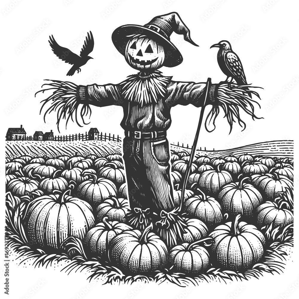 Poster scarecrow with a witch hat standing in a pumpkin field sketch engraving generative ai raster illustr