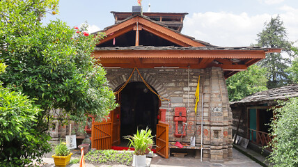 Front Fecade of Murlidhar Krishna Temple, Traditonal Himachali Architecture, Naggar, Kullu, Himachal Pradesh, India.
