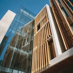 Obraz premium Contemporary facade with vertical slats, glass, and smooth sunlight