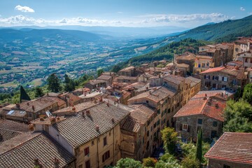 Fototapeta premium Cortona Italy: Breathtaking Landscape and Colorful Architecture from Top View