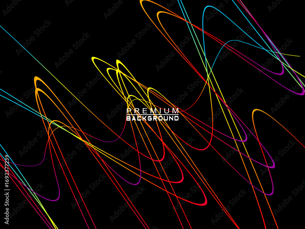 Poster background of colorful abstract waves flowing horizontally on a black background, suitable for moder