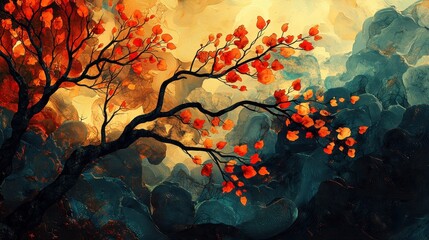 Abstract autumn tree with orange leaves against a dark, swirling background.