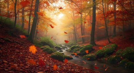 Naklejka premium Las hojas de arce del bosque de otoño caen sobre el suelo, el fondo de pantalla de fondo, la IA generativa