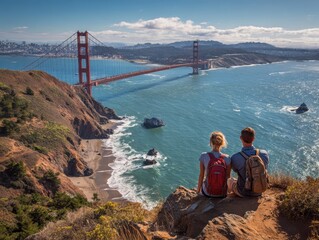 Couple San Francisco. Beautiful Summer Coastal Landscape with Golden Gate Bridge over Pacific Ocean