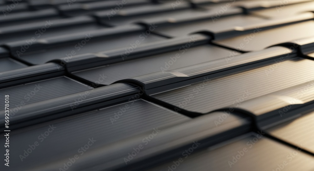 Poster macro view of interlocking solar shingles detailing texture and design that maximize sunlight absorp