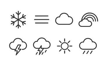 Obraz premium Weather icons: snowflake, fog, cloud, rainbow, lightning, sun, rain