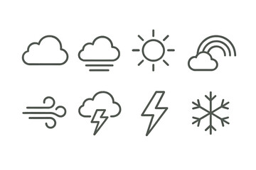 Fototapeta premium Minimal weather icons: cloud, sun, rainbow, wind, thunder, snowflake