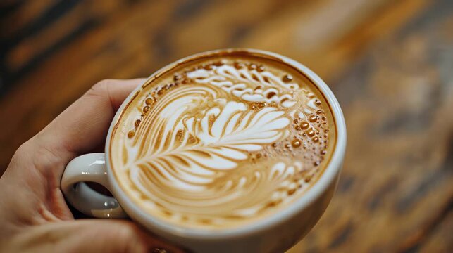 Barista skillfully pours espresso and crafts intricate latte art in a modern caf   setting