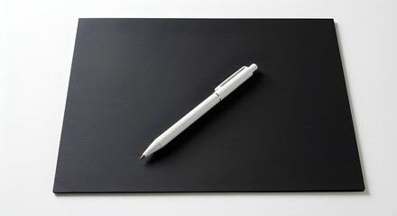 A lone white pen lies diagonally on a smooth black sheet. This minimalist setup highlights simplicity, clarity, and the potential for creativity and ideas waiting to be written down.