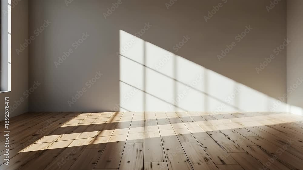 Poster an empty room with a light wood floor and sunlight streaming from a window, casting shadows on the b