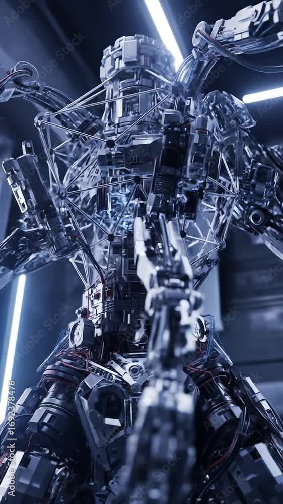 Poster detailed silver robot figure with intricate mechanical components and blue light focal point in a fu