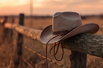 Cowboy Hat on Fence: Sunset Scene in Southern Oklahoma, Nostalgic West Ranching Image