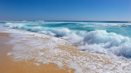 Fototapeta premium Slow motion waves gently crash on a serene sandy beach under a clear blue sky, Slow motion wave breaks on perfect sandy beach Blue sky over ocean horizon