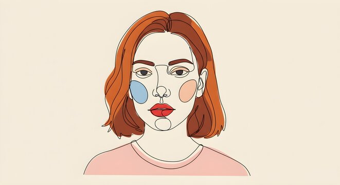 A minimal digital portrait of a red-haired woman, featuring abstract blue and pink blush marks. Clean lines and neutral tones create a calm, artistic representation of quiet strength and identity.