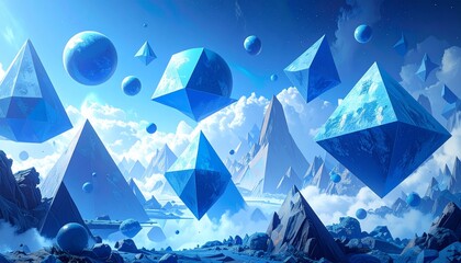 Surreal blue landscape with floating geometric forms and crystalline mountains.