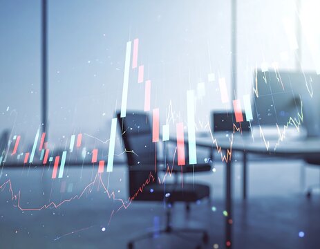 Abstract financial chart overlaid on office interior