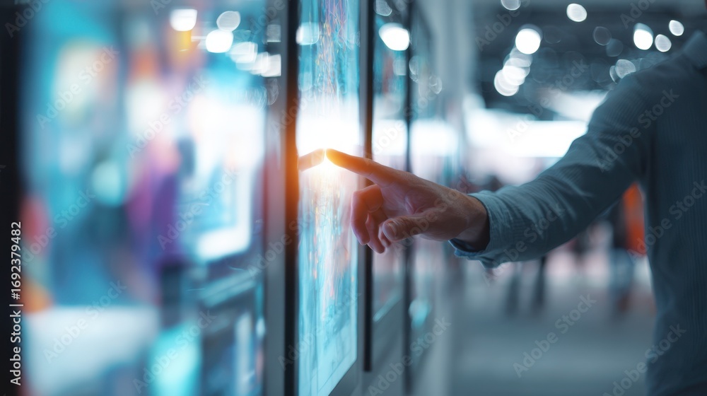 Poster medium shot of a professional engaging with an immersive virtual trade show platform screen interfac