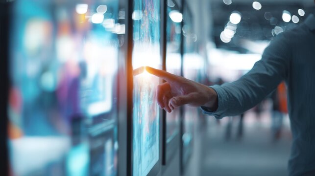 Medium shot of a professional engaging with an immersive virtual trade show platform screen interface glowing with dynamic 3D exhibition booths in the blurred background.