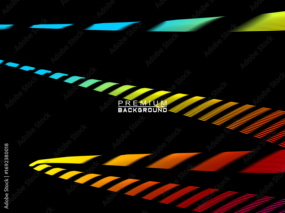 Poster background of colorful abstract wave broken lines flowing horizontally on a black background, suitab
