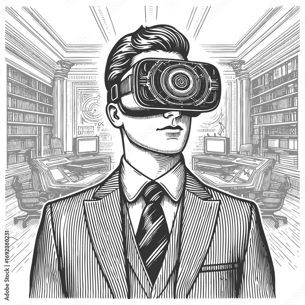 Poster businessman in a suit wearing a virtual reality headset while interacting with futuristic charts ske
