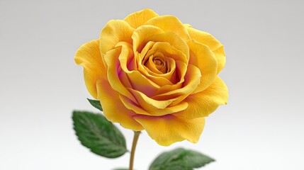 Close up of a vibrant yellow rose with green leaves