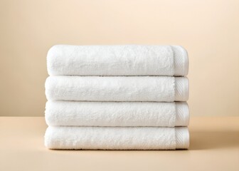 Stack of three clean white towels on a light beige background