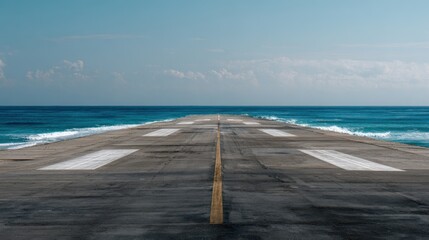 Long empty runway stretching into the ocean horizon, with calm waves visible at the edge.