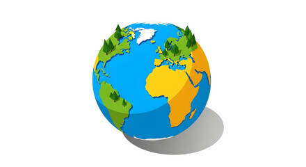 Fototapeta premium Isometric Earth Globe with Green Trees and Shadow on White Background