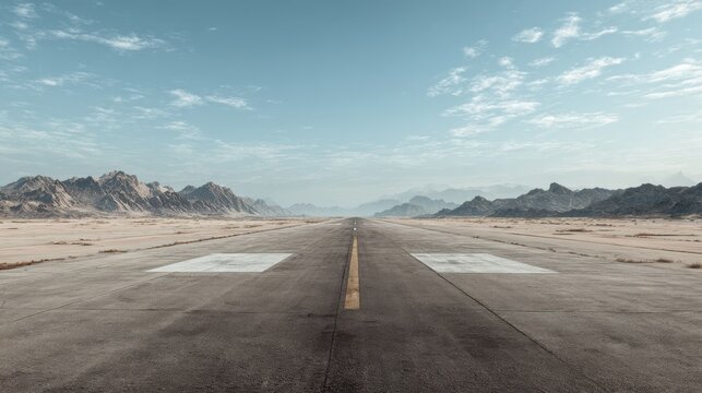 Perspective of an empty military airstrip, rugged and minimalist, with barren surroundings.