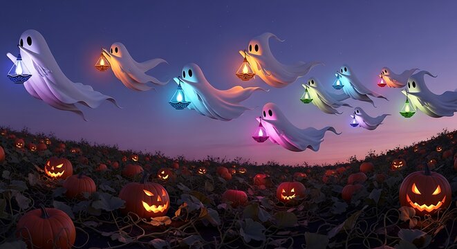 Halloween night with magical glowing lantern ghosts flying over a pumpkin patch fantasy scene eerie twilight sky